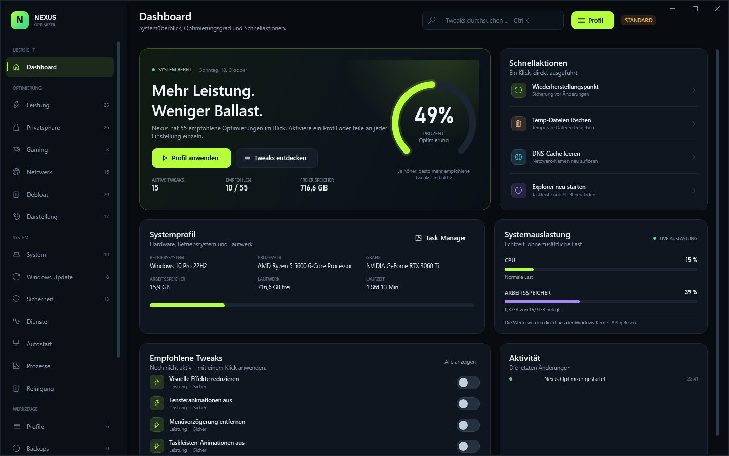 Nexus Optimizer dashboard showing optimization score, live CPU and RAM, system profile and recommended tweaks